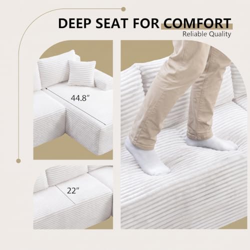 Image of 94.5 inch L Shaped Boneless Sectional Corduroy Couches for Living Room (White)