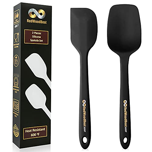 RedWoodBest Premium 600F High Heat Resistant Silicone Spatula 2 Set Sturdy Handle Created for Cooking, Baking and Mixing, One Piece Design, Non-Stick, Strong Stainless Steel Core (Black)