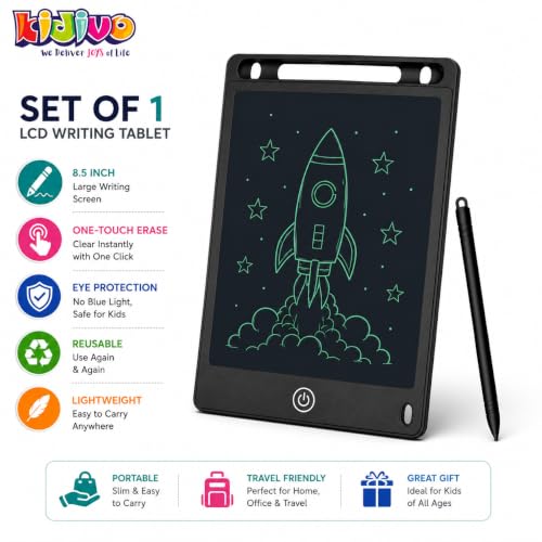 Image of Kidivo 8.5 Inch LCD Writing Tablet for Kids |Electronic Writing Pad Digital Slate Drawing & Learning Board with Stylus Pen,Reusable Paperless E-Note Pad|One-Touch Erase Writing Tablet |Black, Set of 1