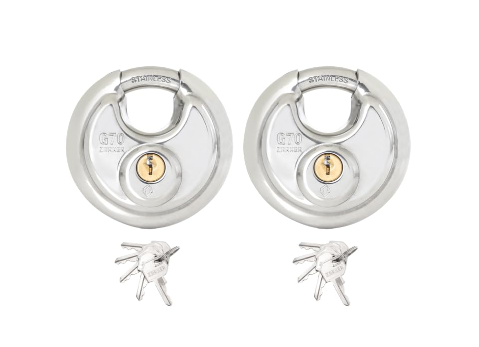 Image of G70 keyed Alike Padlocks, Heavy Duty Stainless Steel Discus Lock - 70mm Stainless Steel Body and Shackle, 10 Keys, Garage, Warehouses, Outdoors, 2-Pack