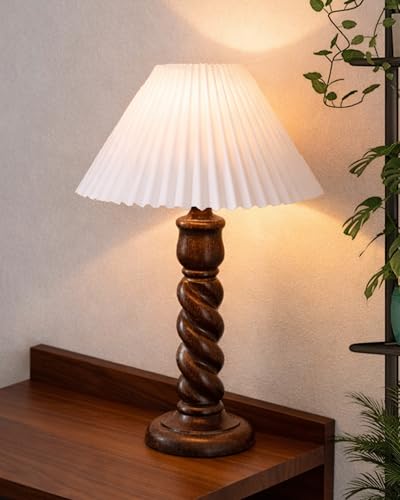 Image of Homesake Classic Twister Wooden Table Lamp with Shade | Handcrafted Bedside Lamp, E27 Holder| Bulb Included |Warm Light Night Lamp, Bedroom, Living Room, Study & Home Decor, (Pleated White)