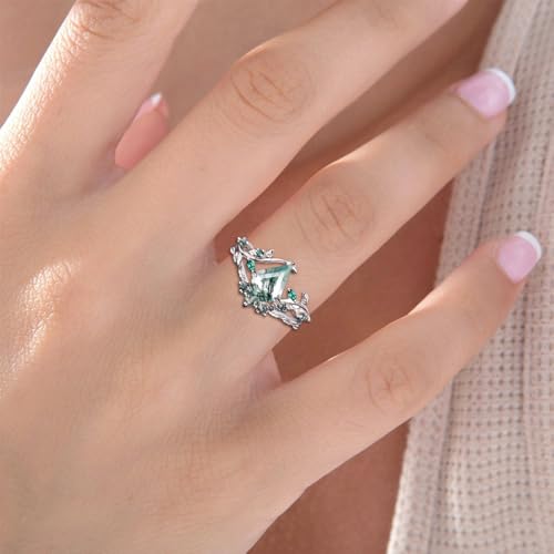 Personalized 1 Carat Natural Moss Agate Engagement Ring Set for Women, 925 Silver/10K 14K 18K Solid Gold Art Deco Leaf Vine Wedding Ring Sets Bridal Promise Rings Gift for Her Bride Wife Mother3