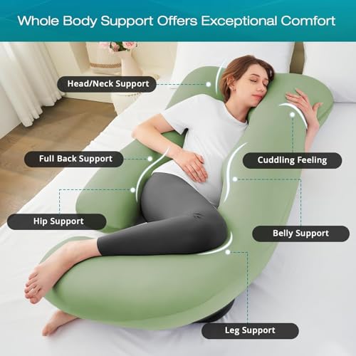 Image of Cooling Pregnancy Pillows for Sleeping, 65'' Full Body Pillow, Green | Sasttie Maternity Pillow, OEKO-TEX, Down Alternative, Removable Cover, Pregnant Women Must Haves, Maternity Essential