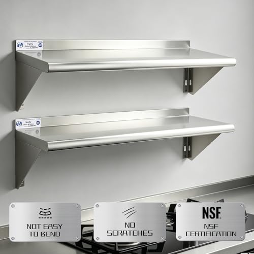 Image of Hally Stainless Steel Shelf Wall Mounted Metal Shelf Wall Shelf 12 x 48 NSF Heavy Duty 280 lb Capacity, Commercial Wall Mounted Storage Rack for Kitchen, Garage, Laundry Room 2 Pack