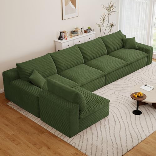 Image of 136 inch Cloud Couch Modular Sectional Sofa for Living Room, L-Shape Boneless Couch with Deep Seat, Modern Corduroy 5-Seater, No Assembly Required,Green