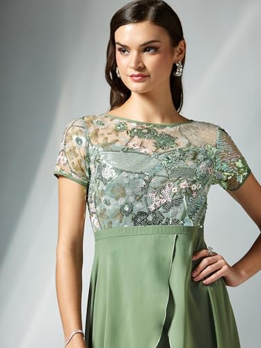 Image of Miss Chase Women's Round Neck Short Sleeve Floral Layered Georgette Midi Dress