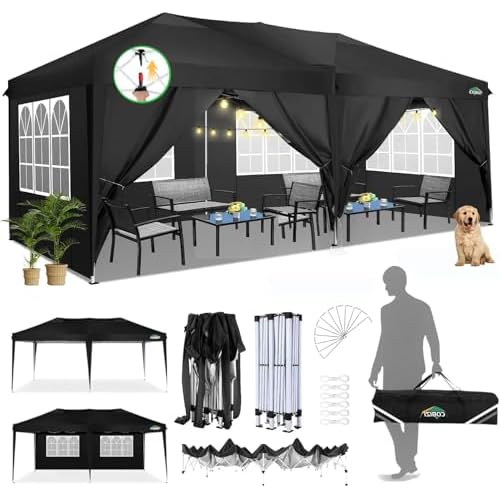 COBIZI Canopy 10×20 Pop Up Canopy Tent with 6 Sidewalls Easy Pop Up Tent 10×20 Waterproof Commercial Instant Shelter UPF 50+ Portable Gazebo Wedding Tents for Parties Car Port Vender Events(Black