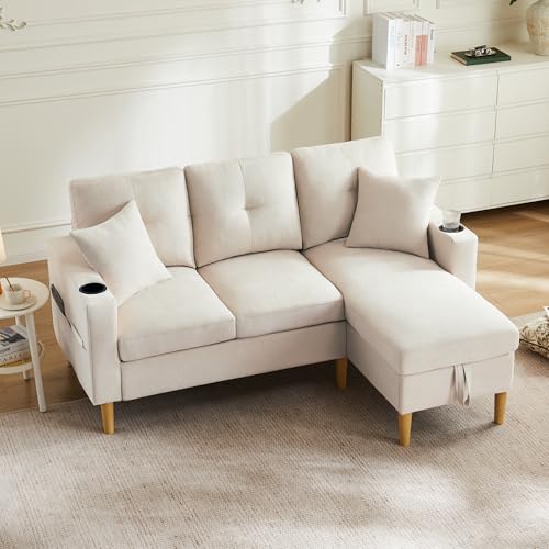 Crlnaup Sofá moderno en forma de L, sofá de 3 plazas con chaise longue, espacio de almacenamiento, soporte integrado para bebidas, viene con 2 almohadas, adecuado para sala de estar, oficina