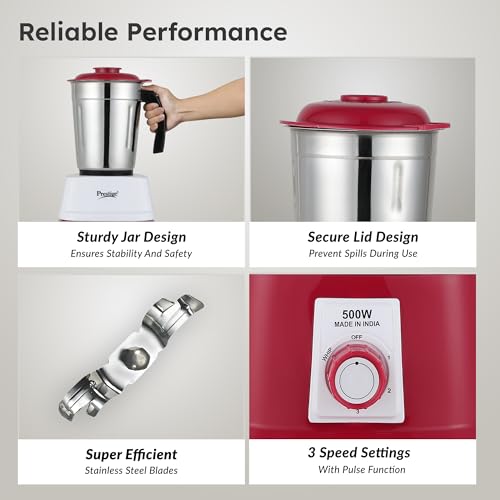 Image of Prestige Orion 500 Watts Mixer Grinder with 3 Stainless Steel Jars |3 Super Efficient Stainless Blades |Sturdy Handles|Red & White