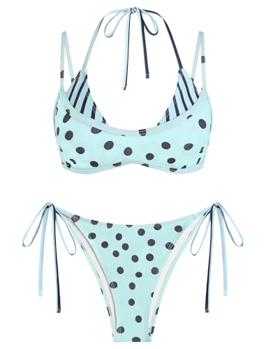 Image of ZAFUL Women's Polka Dot Bikini Set Double Layer Halter Swimsuit Colorblock Side Tie 2 Piece Bathing Suit