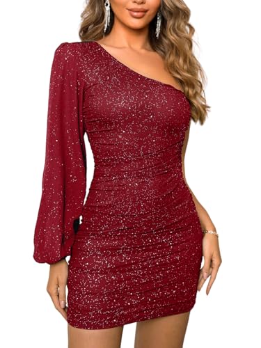Image of ShawGobow Sparkly Outfits for Women,One Shoulder Ruched Bodycon Short Prom Dress,Sexy Dresses Cocktail Homecoming Nye