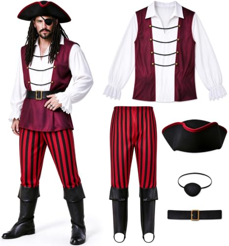 kitsezt Men Pirate Costume, Adult Pirate Shirt Vest Viking Pants Hat Set - image 1