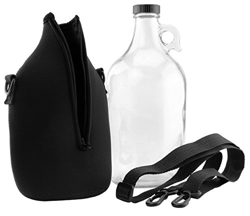 64-Ounce Clear Glass Kombucha & Beer Growler Jug w/Black Neoprene Sleeve & Carrying Strap; (2-Piece Set w/Half Gallon Jug & Carrying Sleeve)