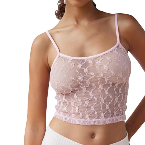 PDYLZWZY Y2K Streetwear - Camiseta de tirantes para mujer, de malla transparente, con bordado de encaje, cuello cuadrado, sin mangas, Rosa., XL
