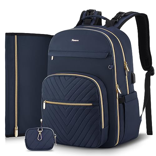 Image of MOMUVO Diaper Bag Backpack, Quilted Baby Bag with Changing Pad & Stroller Straps & Pacifier Case, Large Travel Diaper Bags for Mom Dad, Blue