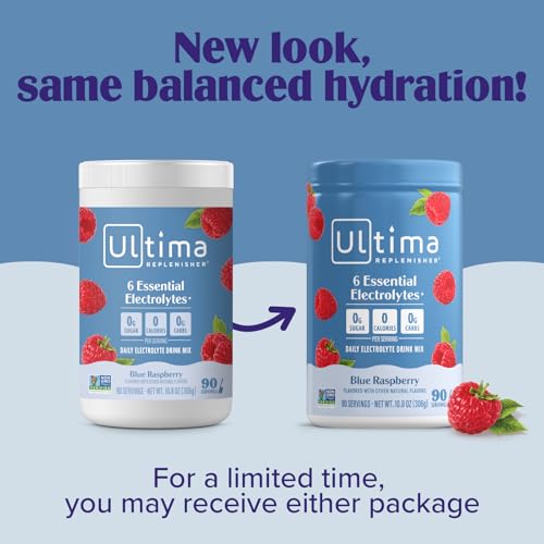 Image of Ultima Replenisher Daily Electrolyte Powder Drink Mix - Sugar Free - Blue Raspberry, 90 Servings - Hydration Powder with 6 Electrolytes and Minerals - Keto Friendly, Vegan, Non-GMO