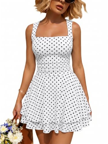 Image of Trendy Queen Women Mini Summer Party Homecoming Beach Vacation Sun Dresses | Birthday Square Neck Flowy Short Sundress, 2026 Cruise Outfits, Athletic Cute Clothes, Date Night Club Resort Wear