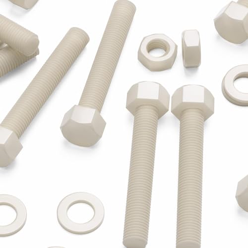 Image of 5X Natural Nylon PA66 Hex Head Plastic Bolts, Nuts & Washers, M16 x 100 mm, Fastener, (5 /8 x 3 15 /16 in)