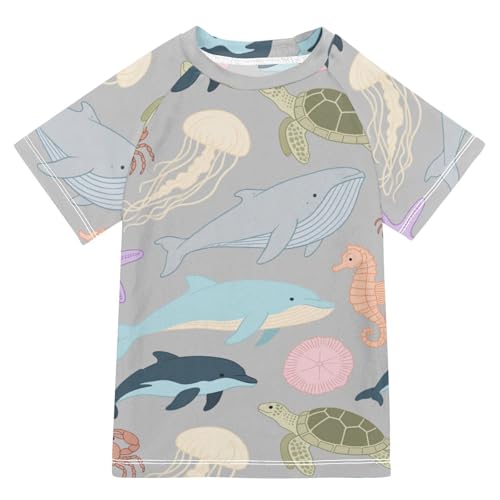 Soft Color Gray Underwater Animal Whale Jellyfish Short Sleeve Rash Guard Bathing Suit Girls Girls Swimsuit Rashguard Girl Rash Guard for 3-12 Years Traje de Banos para ninas