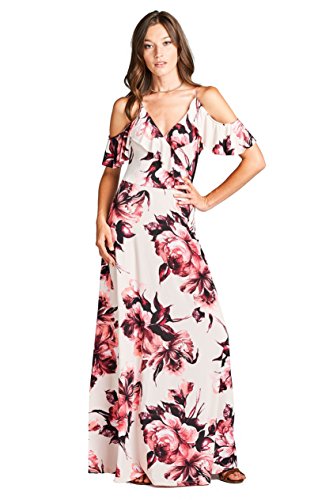On Trend Women's Paris Bohemian V-Neck Printed Faux Wrap Long Maxi Resort Dress (Small, Pink)
