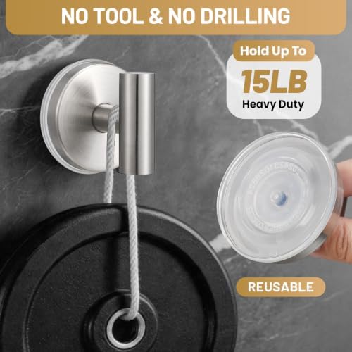 Fenas Large Suction Cup Hooks, Heavy Duty 15lb Holds Towel & Robe, No-Drill Shower Bathroom Hooks for Tile Wall Glass Mirror, Mounts on Smooth Non-Porous Surfaces (2, Brushed Nickel) - 1