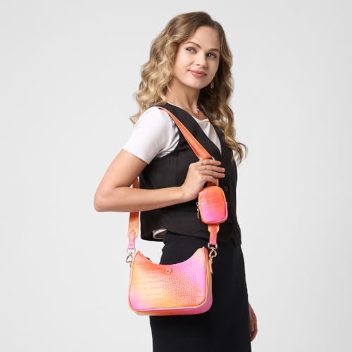 Image of Caprese Marilyn Medium Sling Bag for Women | Croc Pattern Crossbody Bag with Detachable Mini Pouch | Adjustable Strap Shoulder Bag for Everyday Use (Coral Ombre)