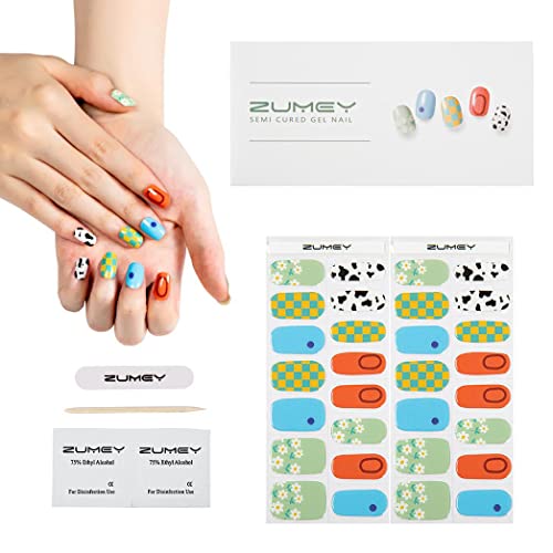 ZUMEY Semi Cured Gel Nail Strips – 30pcs Extra Long Stickers – Gel Nail Polish Stick On Nails Kit – Glossy & Long Lasting Nail Stickers for Nail Art for Women, UV Lamp Required (Carnival)