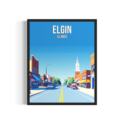 Elgin Illinois City UnFramed Poster Art Print, Skyline Cityscape Wall Art Illustration Posters, Landscape Travel Map Decor Gallery 24A (Elgin Illinois, 14"L x 11"W, Unframed)