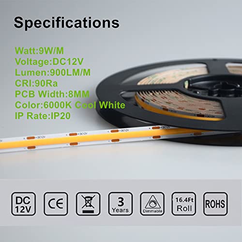 Satzol 16.4Ft Daylight 6000K Cob Led Strip Lights, 8Mm Width Dc12V Led Flex Strip, 90Ra Dotless Led Strip Diffuser Tape, For Cabinet And Home Diy Lighting No Adapter (Dc12V, Cool White 6000K) #TOP1
