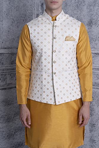 Image of Uri and MacKenzie Men's Silk Blend Regular Kurta Churidar Pyjama with Bundi Nehru Jacket /Waistcoat