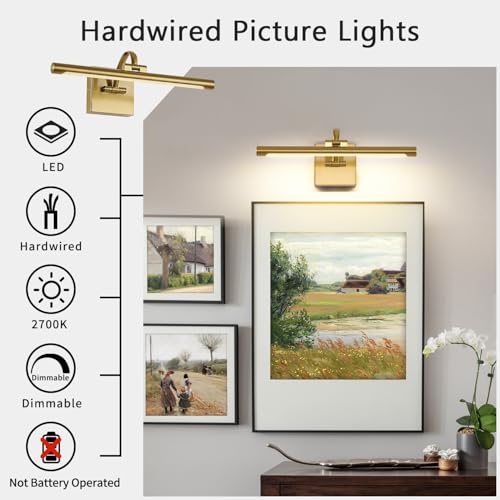 Image of DESOOP Brass Picture Lights for wall Hard-Wired LED Picture Lighting Dimmable Art Light Gallery Lighting for Wall Portraits Artwork 15.75 inch 7W Warm White (Pack of 2)