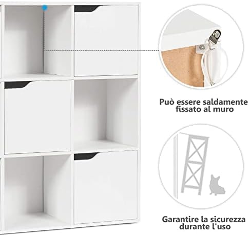 Close-up image showing the anti-tip device installation on the GYMAX bookcase, with an icon illustrating furniture tipping hazard.