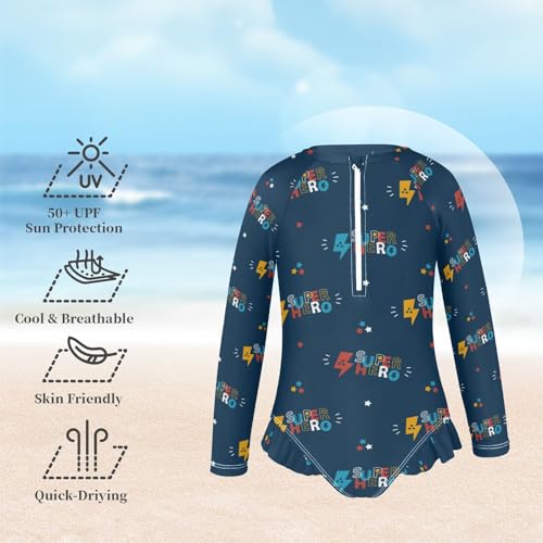 susiyo Superhero Word Girls Long Sleeve One Piece Swimsuits Rash Guard Bathing Suit UPF 50+ Zipper Girl Swimwear2