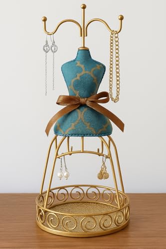 Vintage Mannequin Jewellery Stand, Elegant Metal Dress Form with Velvet Cushion and Organiser Tray for Rings, Necklaces, Earrings, and Bracelets – Antique Gold Finish, Blue Fabric Design