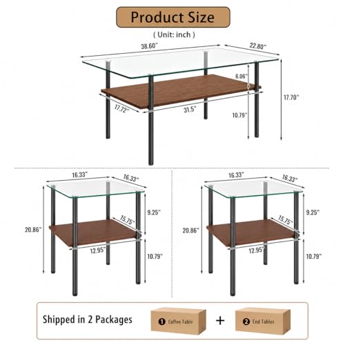 Image of Glass Coffee Table Set of 3 Piece, Living Room Tables Set of 3 Pcs, Including 1 Coffee Table and 2 End Side Tables, Metal Frame, Tempered Glass, for Small Space, Apartment