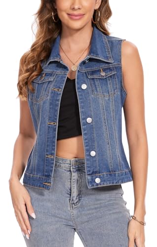 MISS MOLY Women's Denim Vest Cropped Classic Sleeveless Jean Vest Jackets With Flap Pockets