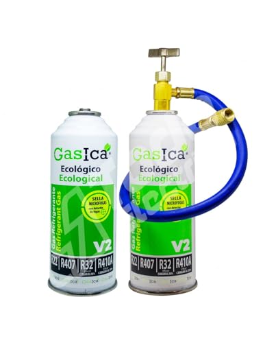 Ralertreik Pack Gasica V2 Gas Refrigerante Organico Sustituto del R22/R407/R32 y R410A (2 Botellas + manguera + llave)