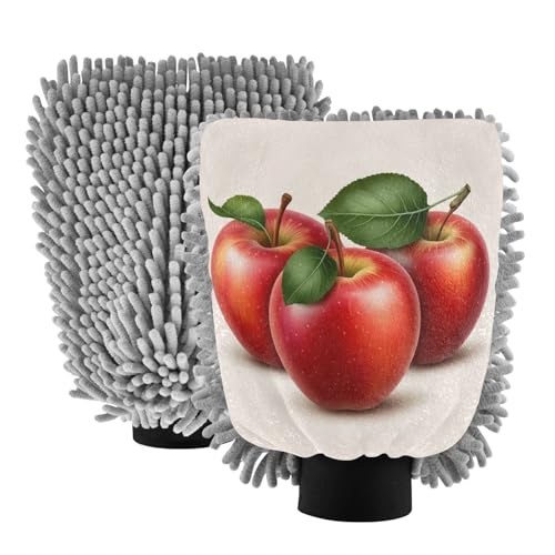 Kigai Red Apples with Green Leaves Car Wash Mitt Microfiber, 2Pcs Scratch Free Lint-Free, Premium Chenille Microfiber Mitt Car Wash Brush-M