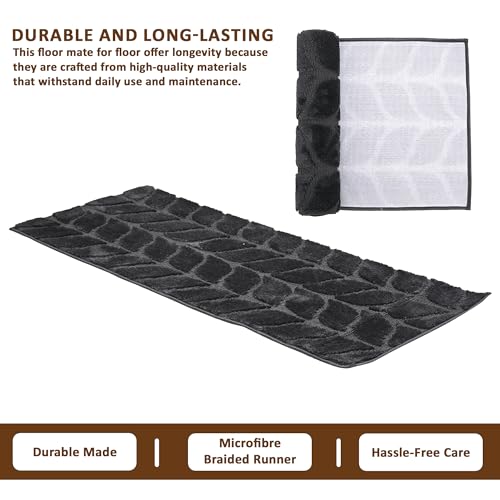 Image of Kuber Industries 2x6 Ft - Bed Side Runner For Bedroom & Living Room | Anti-Skid Carpet For Hall | Kitchen Foldable Runner for Floor, Home & Office | Leaf Design - Grey