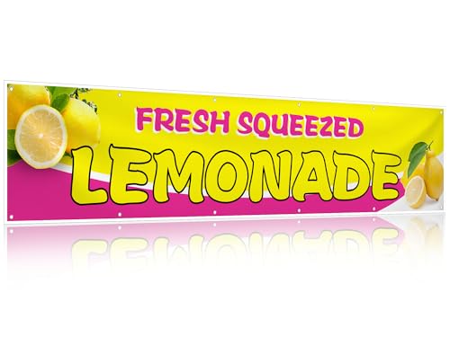 HunnmingRe 2 x 10 ft Pink Lemonade Sign Vinyl Banner Fresh Squeezed Lemonade Stand Supplies Lemon Flag for Indoor Outdoor Business Restaurant Advertising Banner