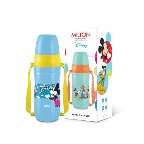 Image of MILTON Disney Kool Cheer 600 Plastic Insulated Thermo Water Bottle with Straw for School Kids I Food Grade, Leak Proof Lid with Hands free sipper, Easy to Carry Loop, Picnic, BPA Free, 520 ml,Sky Blue