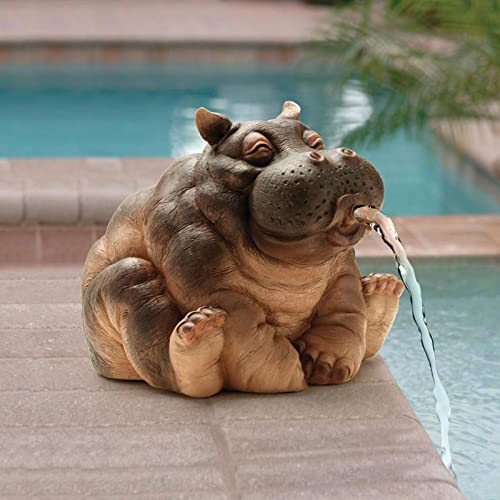 Hippo Spitting Water Statue Fountain, Outdoor Resin Hippo Ornament, Water Spitters, Waterscape Sculpture, Beige