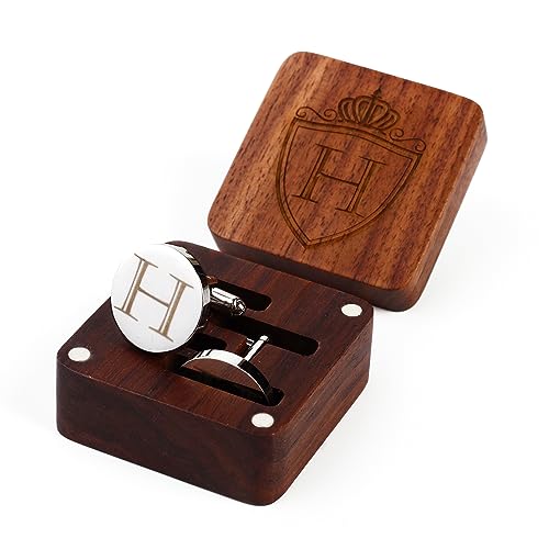 Image of Mens Initial Silver Cufflinks A-Z Alphabet Letter Steel Cuff Links with Engraved Walnut Wood Box Groom Groomsman Wedding Set