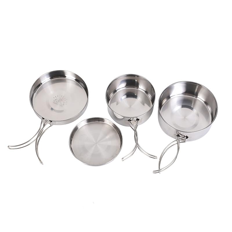 Wuudi Utensilios Cocina Camping, 4piezas Juego de ollas de Cocina de Camping de Acero Inoxidable 304, Juego de sartenes Plegables y apilables para Acampada, Excursión, Escalada