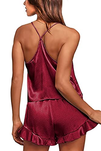Prettygarden Women's Silk Pajamas Sexy V Neck Cami Ruffle Shorts Satin Pajama Set Summer Sleepwear For Women (Red,Medium) #TOP4