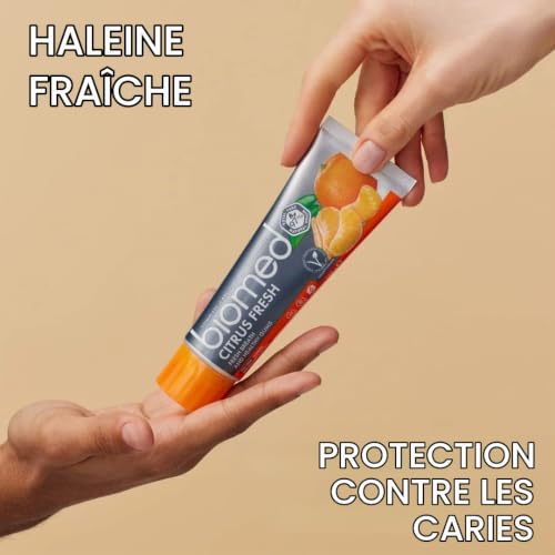Dentifrice Biomed Citrus Fresh 97% naturel |Orange, haleine fraîche, gencives saines |Huiles essentielles de mandarine, pamplemousse et citron, arôme de fruit, végétarien,sans SLES Lot De 3 ( 3x100 g] – vue 5