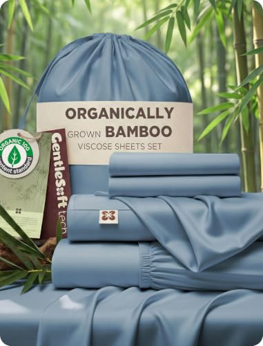 Image of Bedsure 100% Organically Grown Bamboo Viscose Queen Sheet Set | Cooling Bedsheets for Hot Sleepers | Luxury Silky Soft PureWoven | 18 inch Deep Pocket with Corner Straps | Oeko-Tex [Mineral Blue]