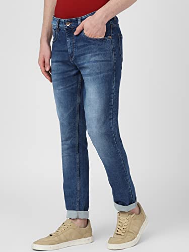 Image of UrbanMark Men Slim Fit Medium Blue Mild Wash Mid Rise Stretchable Jeans