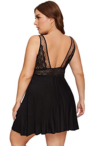 Verdusa Women's Plus Size Deep V Neck Lingerie Lace Mesh Babydoll Chemise Black 4Xl #TOP1