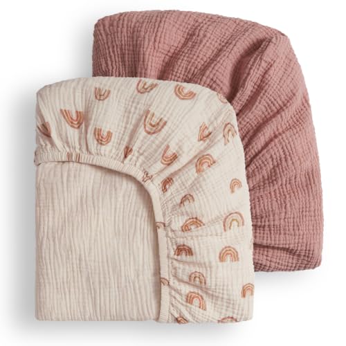 Image of Blissful Diary Muslin Crib Sheets, 2 Pack, Dusty Pink & Rainbow | fitted for 52''x28'' crib mattress, soft and breathable cotton, boho style, easy care for machine wash, gift for boy and girl